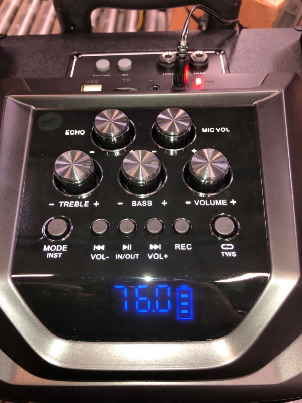 Photo 3 of Moukey Karaoke Machine, PA System Subwoofer, Portable Bluetooth Speaker w/ 2 Wireless Microphones, Lyrics Display Holder, Party Lights & Echo/Treble/Bass Adjustment, Support TWS/REC/AUX/MP3/USB/TF/FM 10" Subwoofer