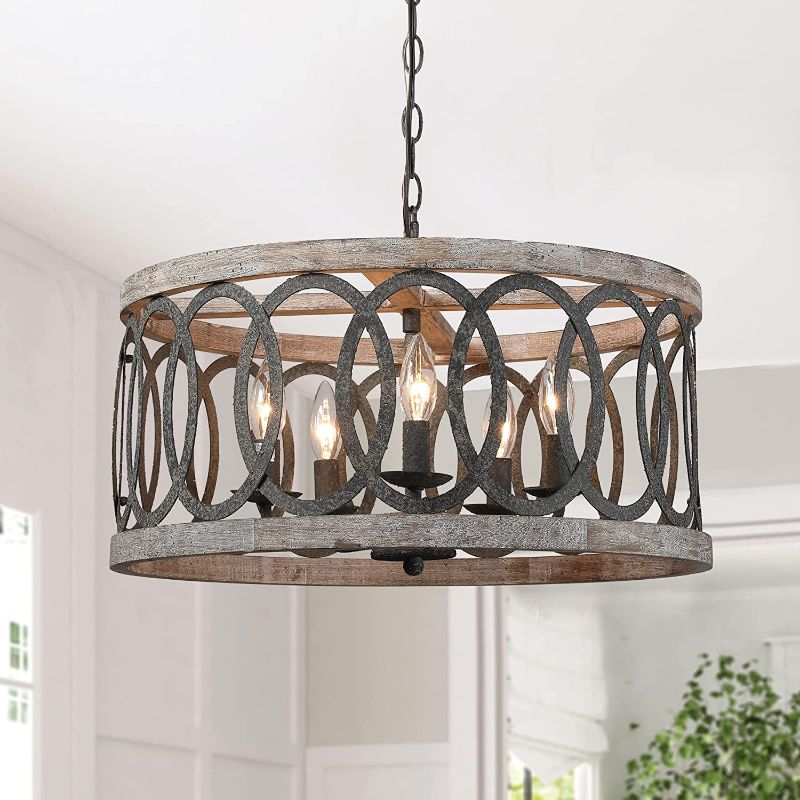 Photo 1 of Rustic Farmhouse Drum Wood Chandelier for Dining Room Light Fixture, 5-Light Matte Black & Antique Wooden Round Pendant Light Kitchen Island Lighting for Living Room Hallway Foyer Table Entryway
