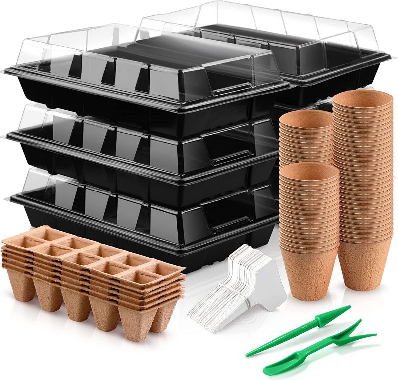 Photo 1 of 200 Pcs Seed Starter Kit Include Seed Starter Tray with Humidity Dome Germination Trays Growing Trays, 60 Cells Seedling Pot, Round Peat Pots, Plant Labels, Gardening Tools for Indoor Outdoor Garden
 MISSING TOOLS
