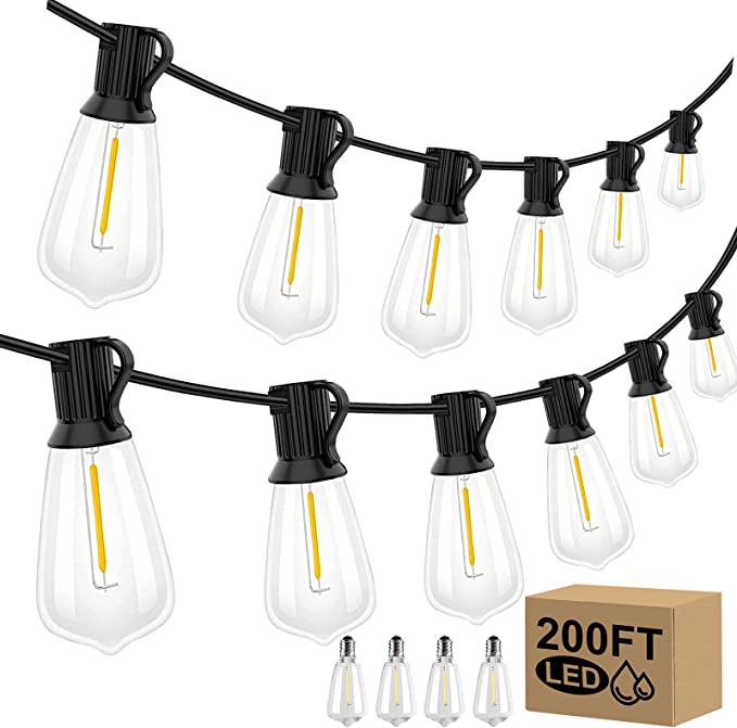 Photo 1 of 200FT Outdoor String Lights ST38 Patio Lights with 104 Edison LED Bulbs, Waterproof Connectable Dimmable Outside Hanging Lights for Backyard Porch Balcony Party Decor, E12 Socket, Black