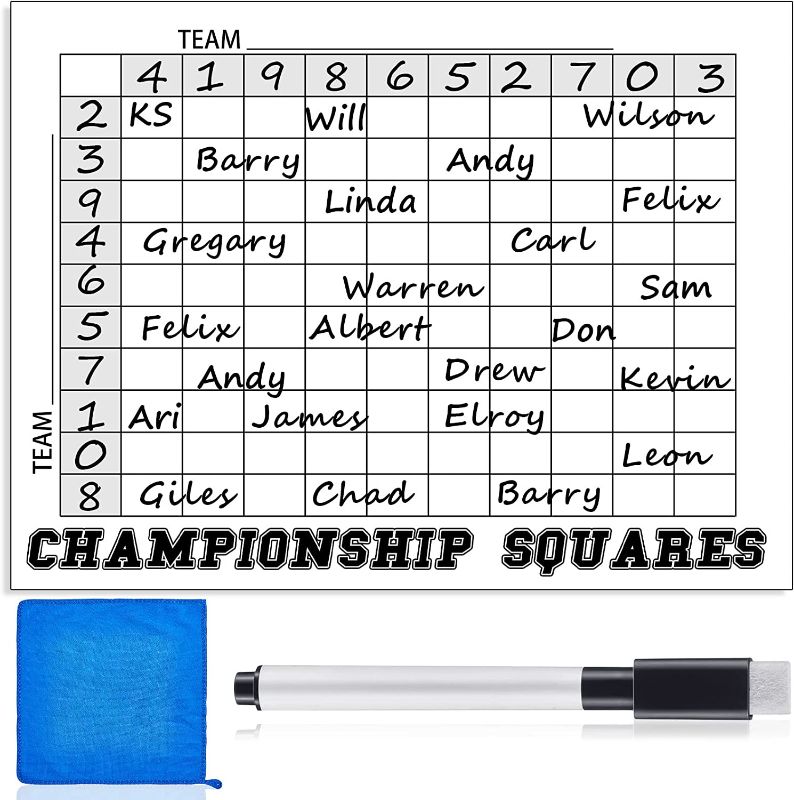 Photo 1 of 100 Squares Dry Erase Office Pool Game Sheet Posters Square Score Record Posters Football Party Posters Decorations, 24 x 36 in, with Dry Erase Pen and Clean Cloth for Bowl Football Party
