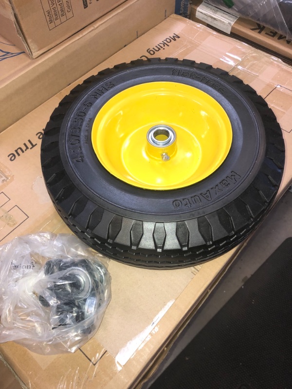 Photo 3 of MaxAuto 2 Pcs 4.10/3.50-6" Flat Free Tire, Hand Truck/All Purpose Utility Tire on Wheel, 3" Centered Hub, 3/4" Bearings, Yellow Steel