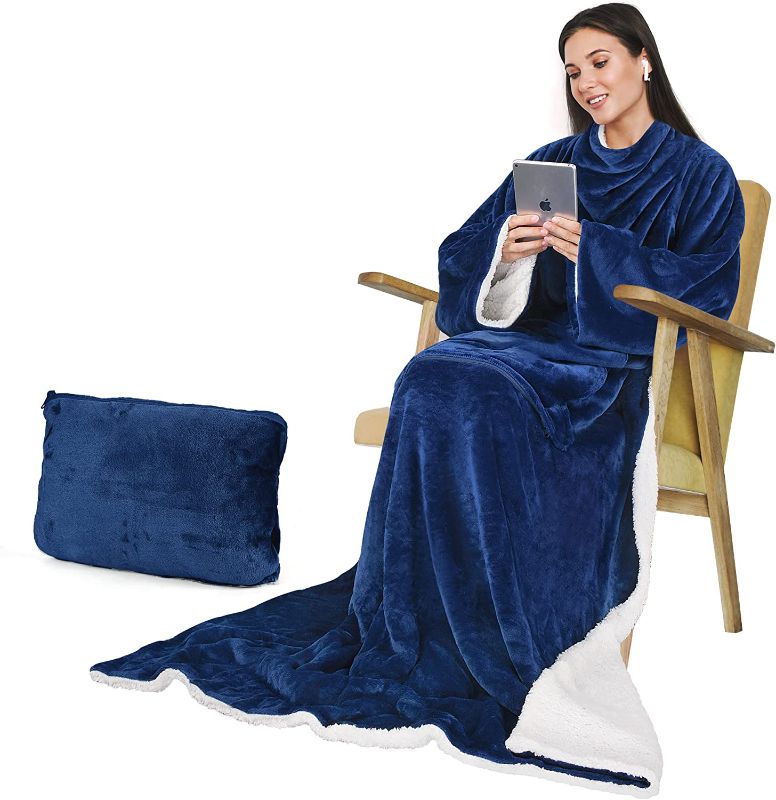 Photo 1 of Catalonia Classic Sherpa Fleece Blanket with Sleeves, Super Soft Warm Cozy Wearable Blanket, Portable Travel Blanket Pillow, Gift for Women Men Adult, Blue
