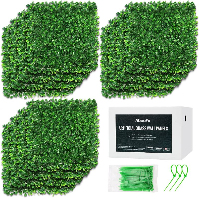 Photo 1 of Aboofx Artificial Grass Wall Panels, 12 Pack 10 x 10 inch Boxwood Hedge Wall Panels with 100 Zip Ties, Grass Backdrop Wall Panels for Garden Yard Fence, Greenery Wall Background Decoration
