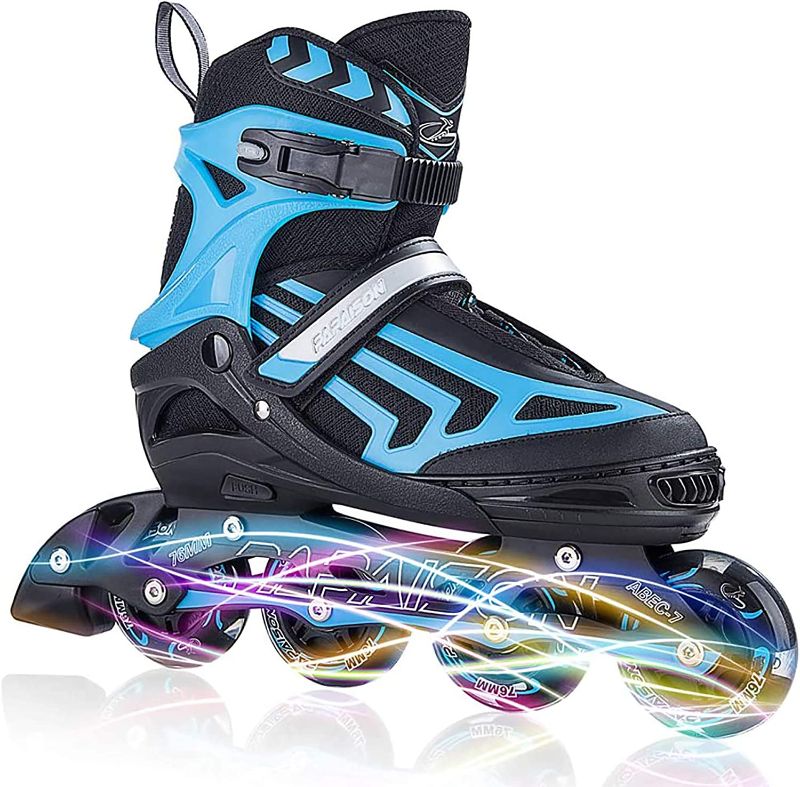 Photo 1 of ITurnGlow Adjustable Inline Skates for Kids and Adults, Roller Skates with Featuring All Illuminating Wheels, for Girls and Boys, Men and Ladies
size large.