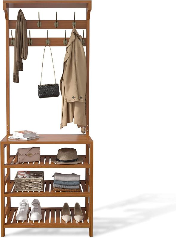 Photo 1 of AKTOP Entryway Coat Rack Shoe Storage - 4 in 1 Hall Tree Storage Shelf, 4-Tier Bamboo Shoe Rack with 9 Double Hooks and Top Shelf Organizer, Perfect for Mudroom, Hallway and Bedroom, Easy Assembly
MISSING HARDWARE*****