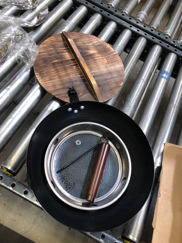 Photo 3 of 12.8"Carbon Steel Wok - 1cs Woks and Stir Fry Pans with Wooden Handle and Lid,8 Cookware Accessories,For Electric,Induction and Gas Stoves