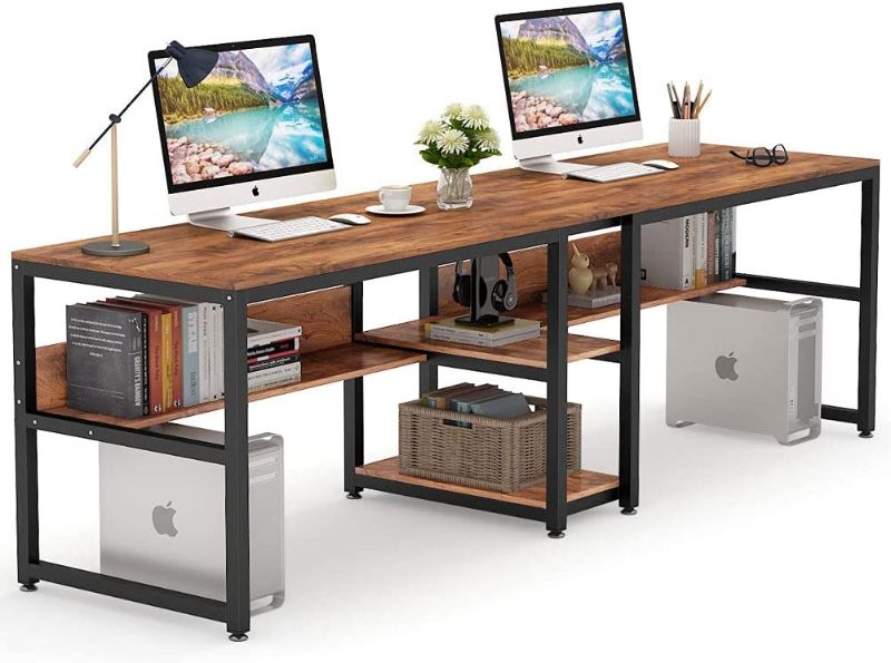 Photo 1 of Tribesigns Two Person Desk with Bookshelf, 78.7 Computer Office Double Desk for Two Person, Rustic Writing Desk Workstation with Shelf for Home Office (Brown)

