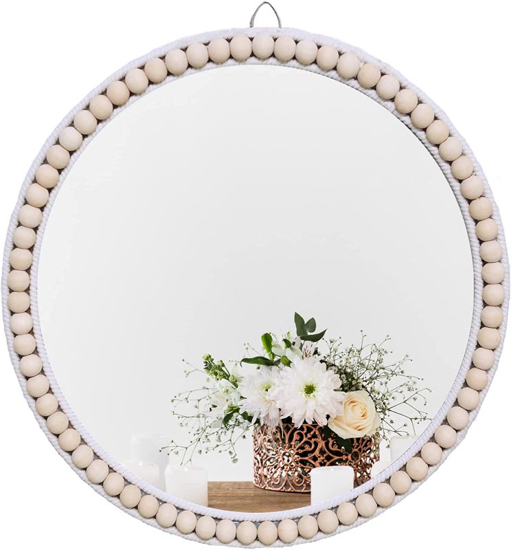 Photo 1 of 17 Inch Boho Wall Mounted Mirror, Circle Decorative Hanging Mirror,Round Mirrors with White Wooden Beads ,Wall Decor for Bathroom,Living Room,Bedroom,Nursery