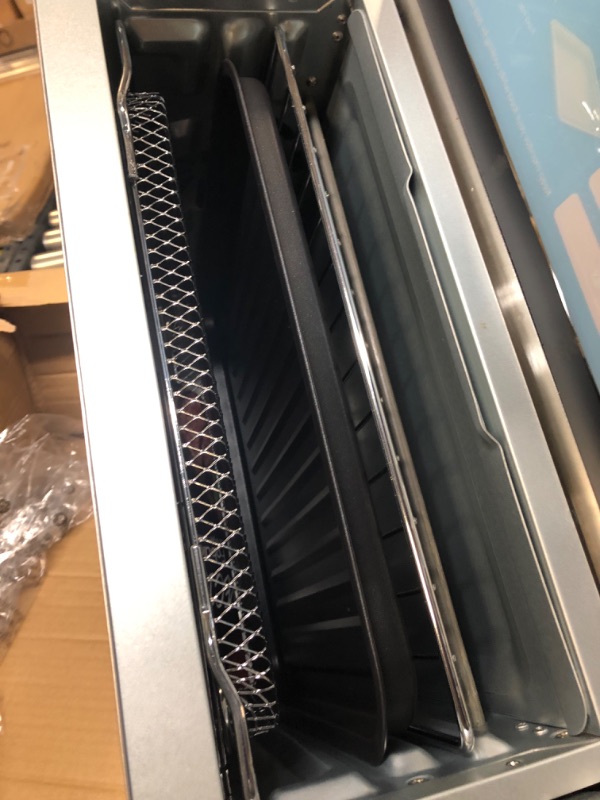 Photo 2 of Air Fryer Toaster Oven Combo, Fabuletta 10-in-1 Countertop Convection Oven, Oil-Less Air Fryer Oven Fit 13" Pizza, 9 Slices Toast, 5 Accessories, 1800W, Dehydrate, Reheat, Bake, Stainless Steel ------------ DENTED, DIRTY FROM PREVIOUS USE
