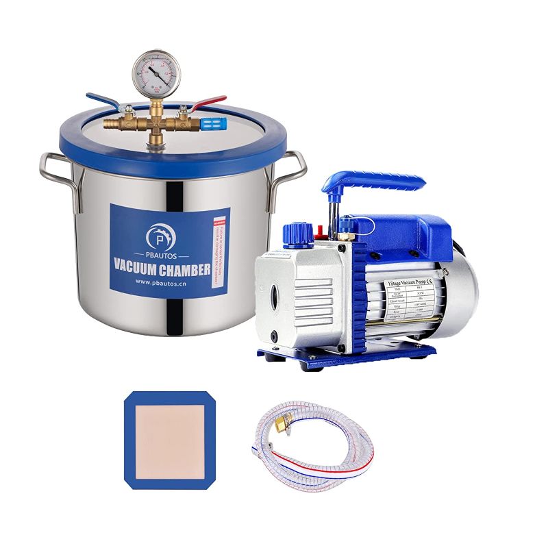 Photo 1 of P PBAUTOS 3CFM 1/4HP Single Stage Vacuum Pump with 2 Gallon Tempered Glass Lid Vacuum Chamber, Stainless Steel Degassing Chamber with Pump, No Oil Included, Perfect for Wood Stabilization
