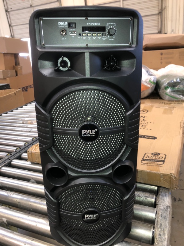 Photo 2 of Pyle Portable Bluetooth PA Speaker System - 600W Rechargeable Outdoor Bluetooth Speaker Portable PA System w/ Dual 8” Subwoofer 1” Tweeter, Microphone In, Party Lights, USB, Radio, Remote - PPHP2835B