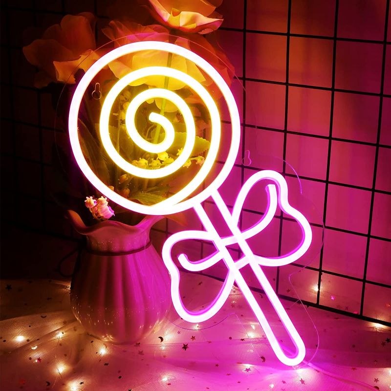 Photo 1 of Lollipop Pink Neon Sign - Dimmer Neon Signs for Wall Decor 14.2 X 7.3 Inch, USB Powered Coloured LED Neon Lights for Bedroom, Boys Girls Room, Candy Shop Art Decoration, Birthday Halloween Gift
