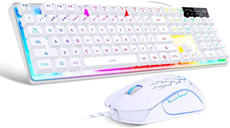 Photo 1 of Gaming Keyboard and Mouse Combo, K1 LED Rainbow Backlit Keyboard with 104 Key Computer PC Gaming Keyboard for PC/Laptop(White)
