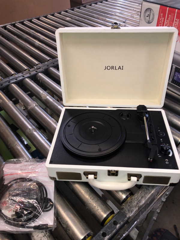 Photo 2 of JORLAI Record Player 3 Speeds Turntable with Bluetooth Built-in Battery Stereo Speakers Vintage Record Player Belt Driven Protable Suitcase PC Recording White