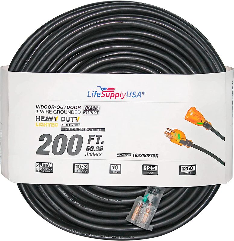 Photo 1 of 200 ft Power Extension Cord Outdoor & Indoor Heavy Duty 10 Gauge/3 Prong SJTW (Black) Lighted end Extra Durability 10 AMP 125 Volts 1250 Watts by LifeSupplyUSA
