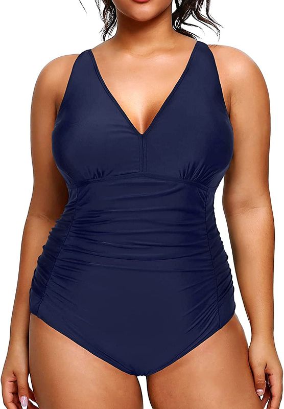 Photo 1 of Aqua Eve Women Plus Size One Piece Swimsuits V Neck Tummy Control Bathing Suits Retro Ruched Swimwear 16w
