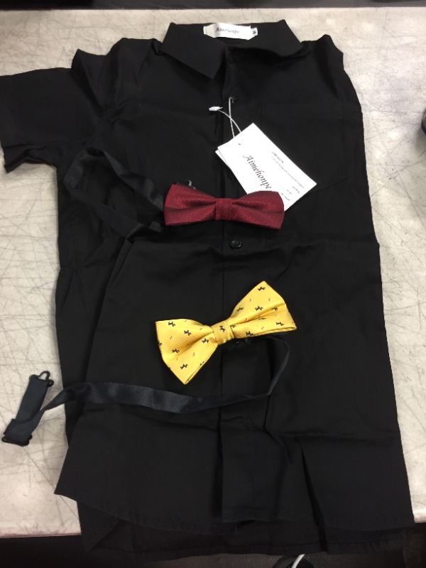 Photo 2 of Aimehonpe Boys Short Sleeve Dress Shirts Solid Poplin Soft Stretch Fabrics with Two Bow Tie Set 7-8 Years Black