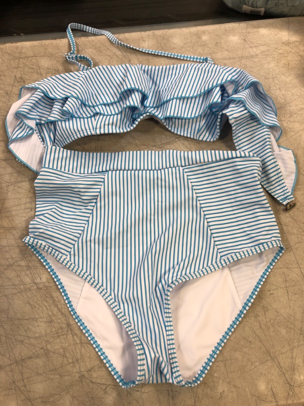 Photo 1 of 2 PIECE BATHING SUIT-BLUE/WHITE STRIPES -HIGHWAISTED BOTTOM
SIZE-MEDIUM