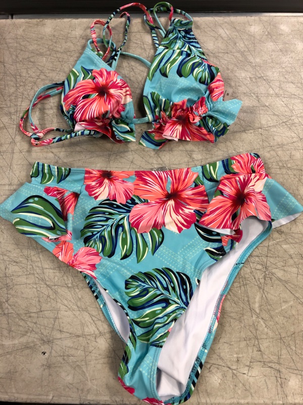 Photo 1 of 2 PIECE BIKINI-FLORAL BLUE/PINK-HIGH WAISTED 