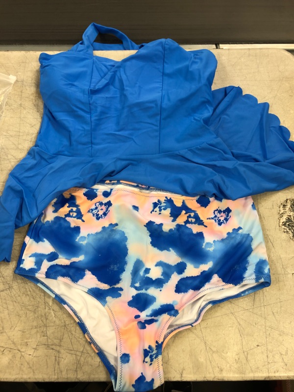 Photo 1 of 2 PIECE BATHING SUIT -BLUE/PINK-HIGH WAISTED 
SIZE LARGE
