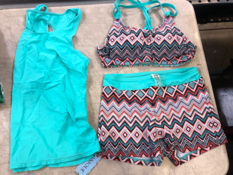 Photo 1 of 3 PIECE BATHING SUIT WITH TANK -TRIBAL PATTERN-TEAL TANK
SIZE-XS