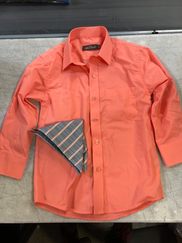 Photo 2 of Alberto Danelli Boys Dress Shirt with Matching Tie and Handkerchief, Long Sleeve Button Down, Pocket 8 Citrus Orange
SIZE-8 SMALL