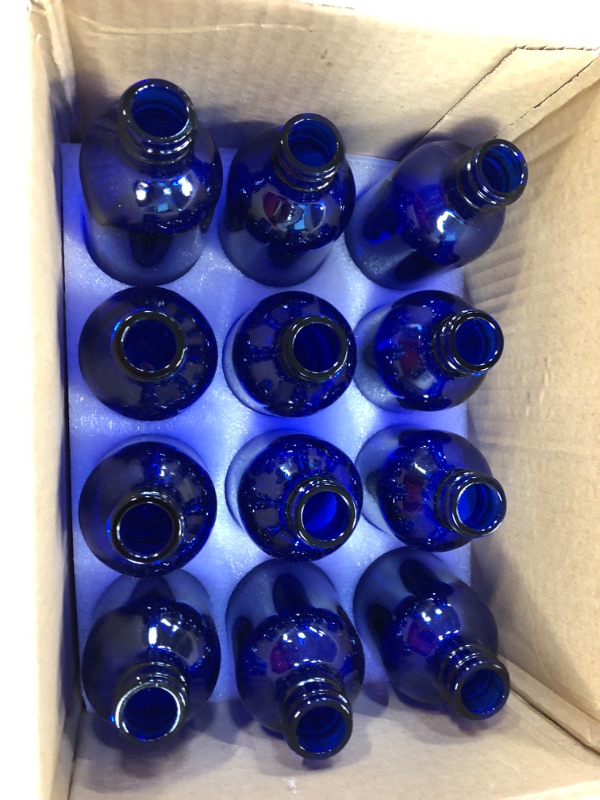 Photo 2 of 12 Pack 120 ml 4oz Blue Glass Spray Bottles with Fine Mist Sprayer & Dust Cap for Essential Oils, Perfumes,Cleaning Products.Included 1 Brush,2 Funnels,2 Droppers & 18 Labels.