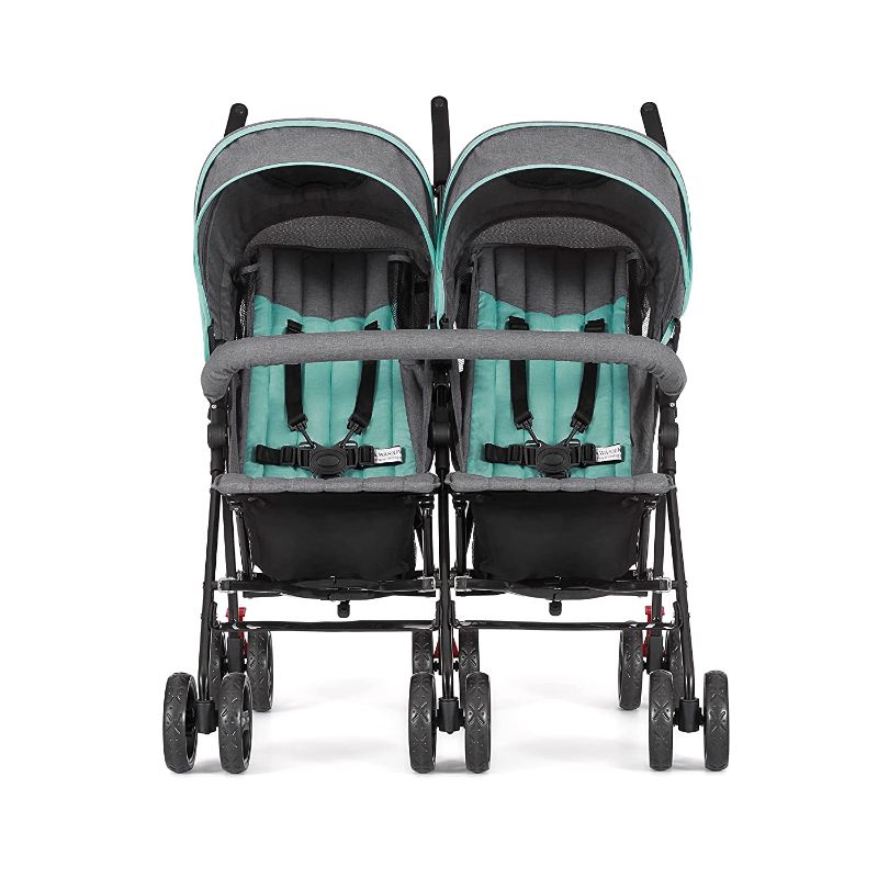 Photo 1 of Dream On Me Volgo Twin Umbrella Stroller in Mint, Lightweight Double Stroller for Infant & Toddler, Compact Easy Fold, Large Storage Basket, Large and Adjustable Canopy
