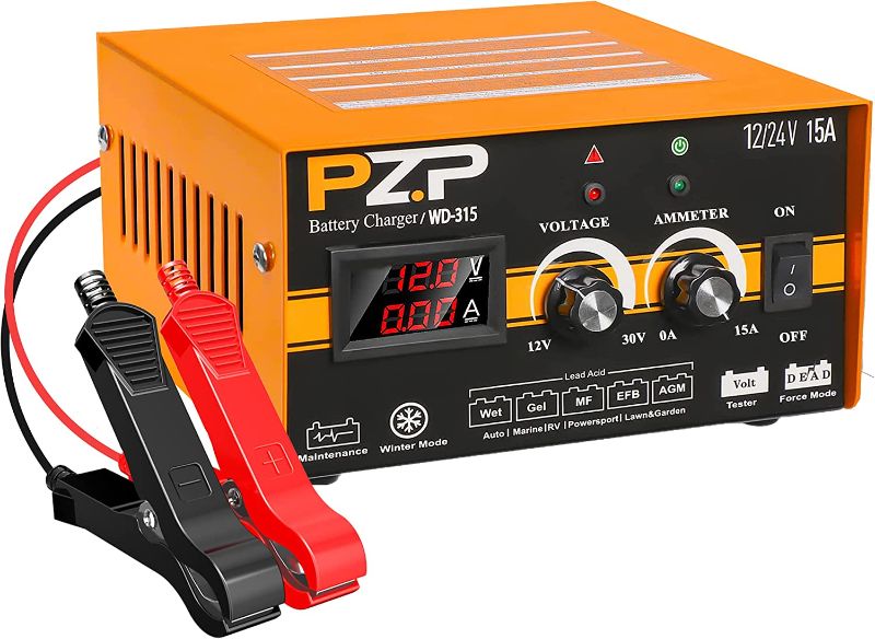 Photo 1 of PZ.P 12V 24V Battery Charger Automotive, 12 Volt 24 Volt Car Truck Motorcycle RV Boat Marine Automobiles Battery Charger Maintainer, Manual Deep Cycle Lawn Mover AGM Trickle Charger 0-15A
