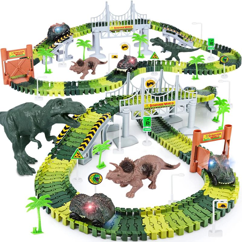 Photo 1 of Dinosaur Toys,Create A Dinosaur World Road Race,Flexible Track Playset and 2 pcs Cool Dinosaur car for 3 4 5 6 Year & Up Old boy Girls Best Gift
