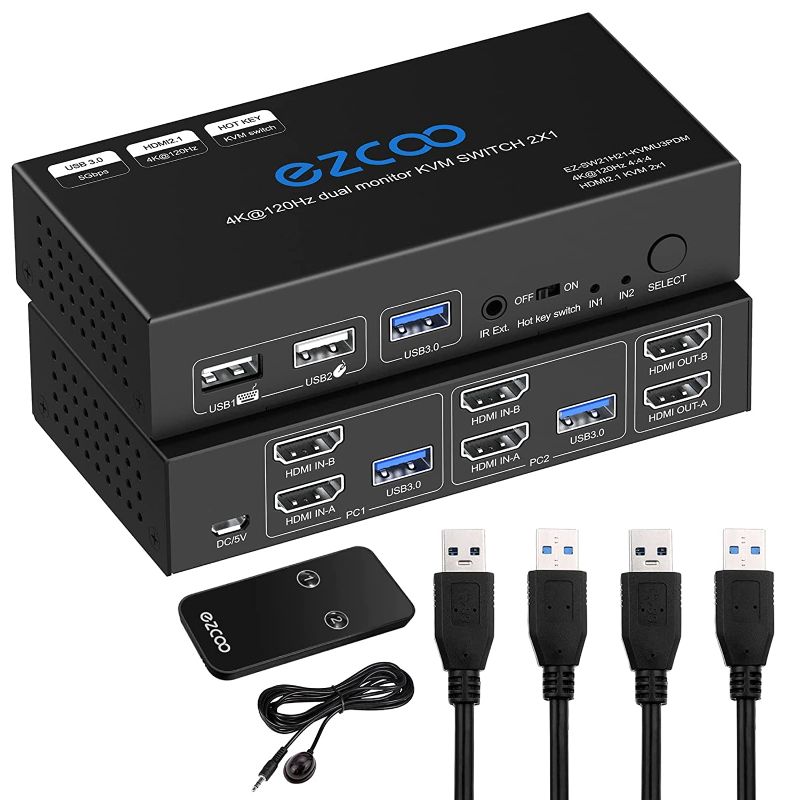 Photo 1 of USB 3.0 KVM Switch HDMI Dual Monitor 2 Computer 4K 120Hz 8K VRR G/Sync Atmos HotKey Toggle IR Remote- KVM Extend Display Keyboard Mouse Printer, USB 3.0 Cable, IR Extender, HDMI 2.1 HDCP 2.3 21KVMDM