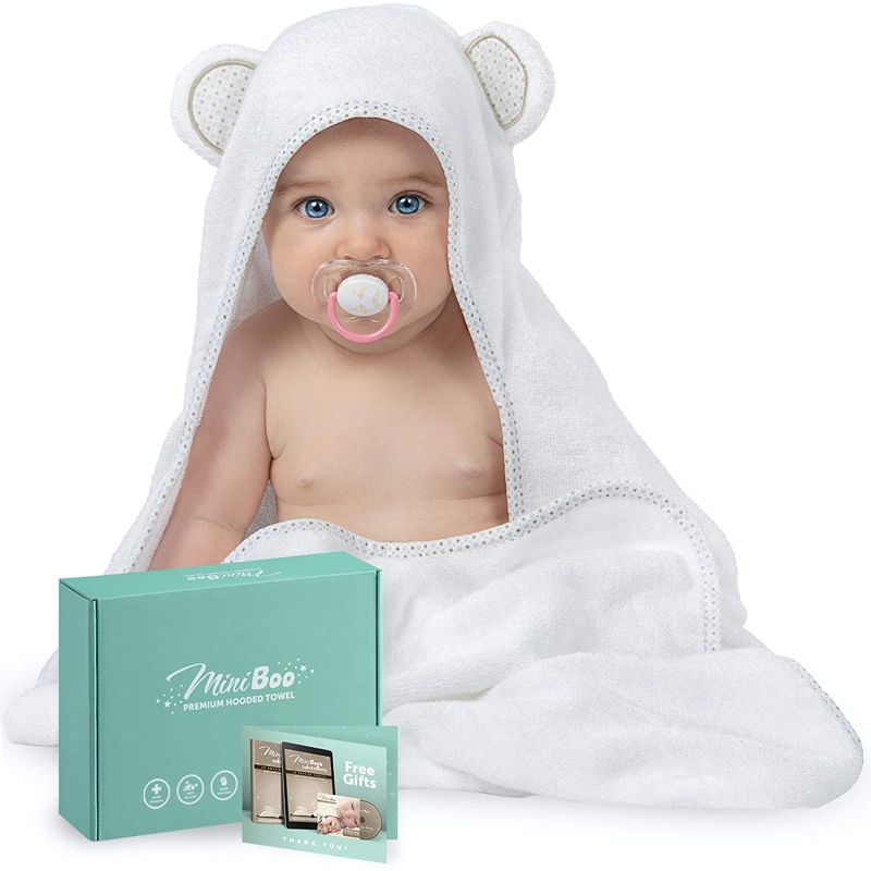 Photo 1 of MINIBOO Organic Bamboo Hooded Baby Towel – Ultra Soft and Super Absorbent Baby Bath Towels for Newborns, Infants and Toddlers – Suitable as Baby Gifts