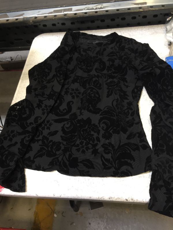 Photo 2 of Floerns Women's Mock Neck Long Sleeve See Though Sheer Mesh Tops Tee Shirt Medium A-flower Black- SIZE M 