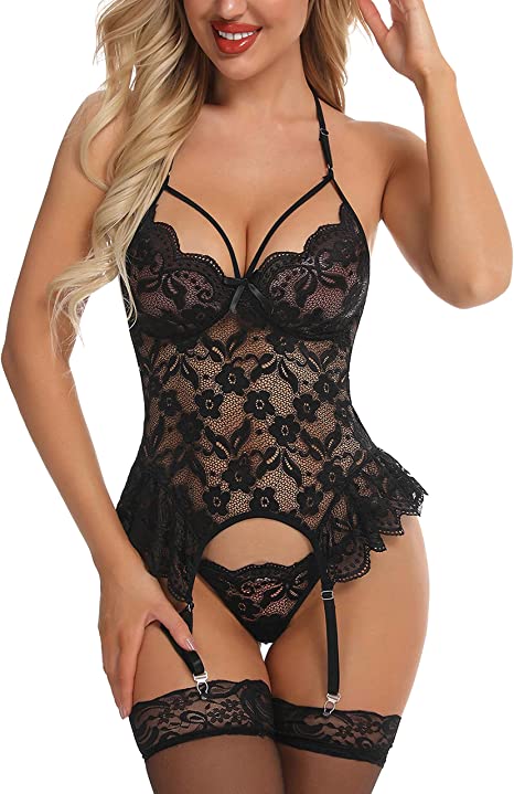 Photo 1 of Aranmei Sexy Lace Lingerie Set with Garter Belt and Stockings, Women's Babydoll Teddy Bodysuit MEDIUM 