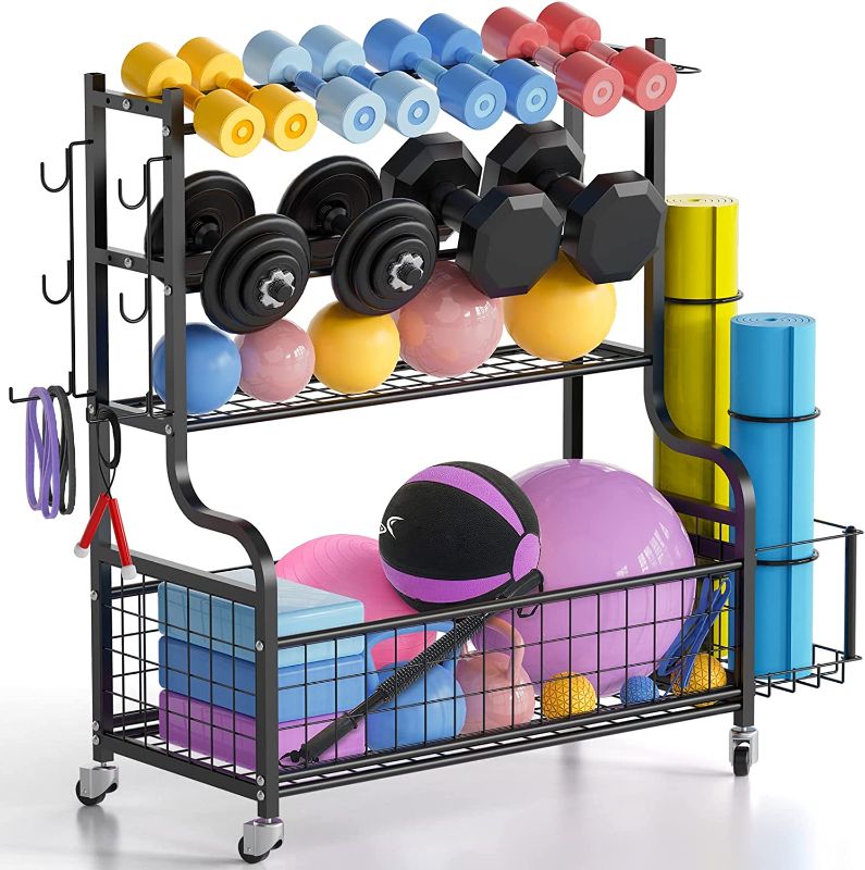 Photo 1 of 4 Tiers Weight Rack for Dumbbells with Adjustable Dumbbell Rack Width, Yoga Mat Storage Rack with 4 Lockable Wheels and Hooks, All in One Home Gym Storage...

