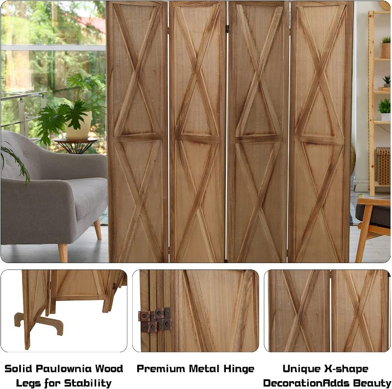 Photo 1 of 4 Panel Room Divider, Wood Room Screen Divider Freestanding, 5.8 Ft Tall Folding Privacy Screens Room Divider Room Separator Temporary Wall Dividers, Brown