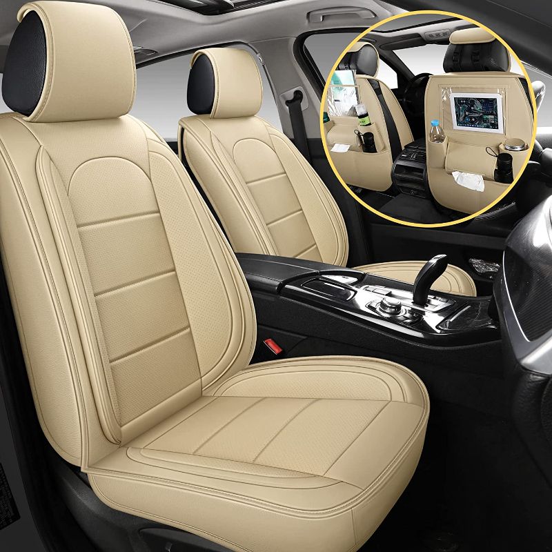 Photo 1 of AOOG Leather Car Seat Covers with Car Backseat Organizer, Universal Automotive Vehicle Seat Cover for Most Sedan SUV Pick-up Truck, Front Pair, Beige
