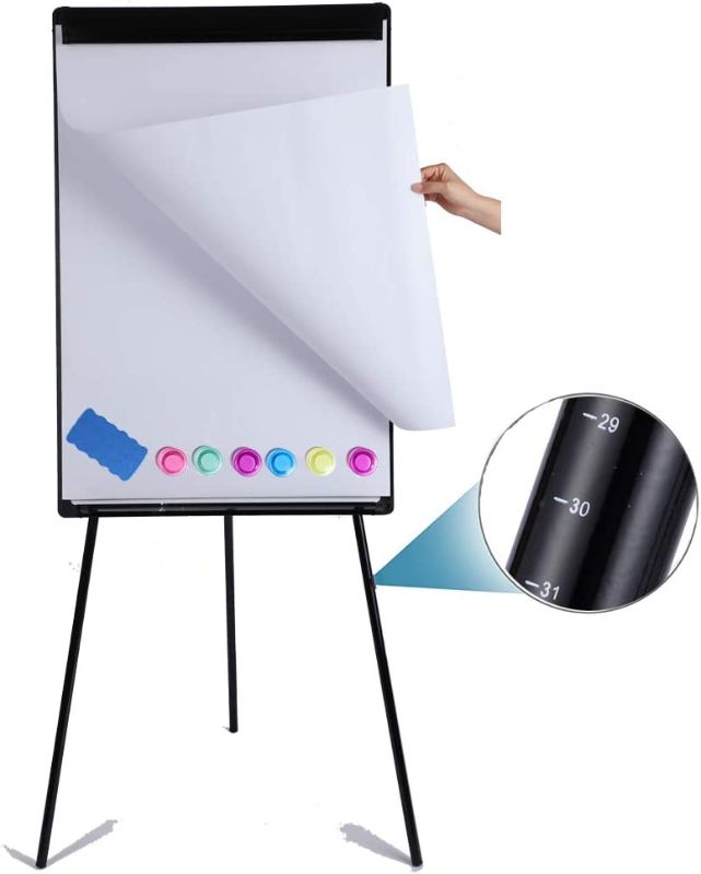 Photo 1 of DexBoard Dry Erase Easel 24" x 36"|Height Adjustable Magnetic White Board Easel with Tripod Stand|Office Presentation Board w/Flipchart Pad, Magnets & Eraser, Black
