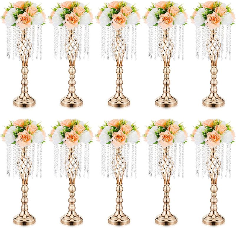 Photo 1 of 10 Pcs 21.7 Inches Wedding Centerpieces for Tables Crystal Flower Stand Gold Flower Vase Tall Vases for Centerpieces Metal Chandelier Holder Stand for Wedding Party Dinner Event Hotel Decorations
