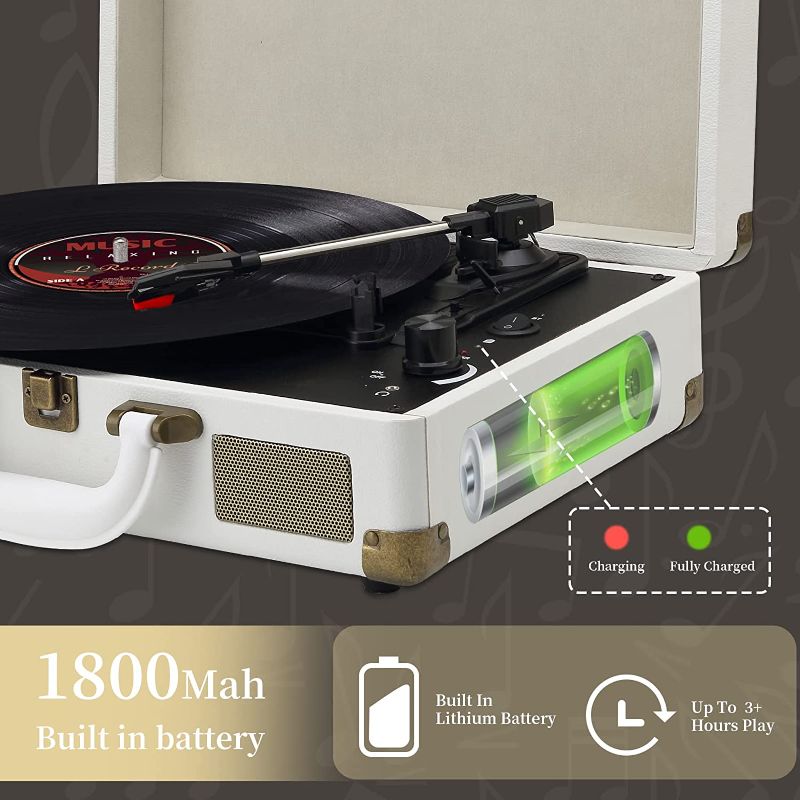 Photo 1 of  Record Player 3 Speeds Turntable with Bluetooth Built-in Battery Stereo Speakers Vintage Record Player Belt Driven PORtable Suitcase PC Recording White
