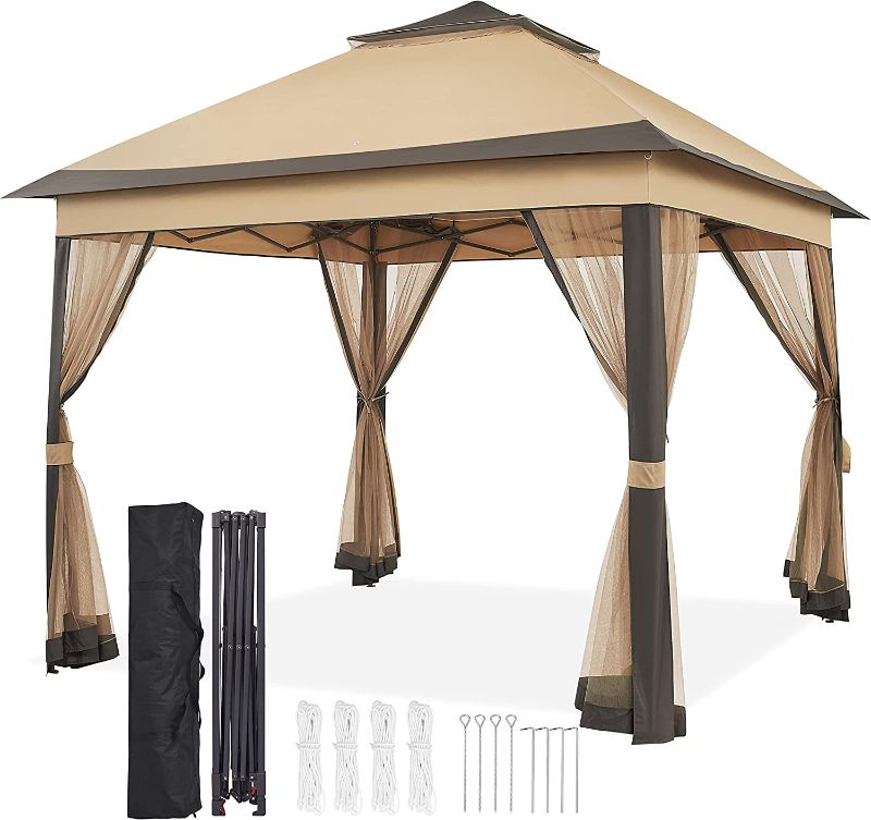Photo 1 of 11'x11' Pop Up Gazebo Outdoor Canopy Shelter Instant Pop Up Patio Gazebo Sun Shade Gazebo Canopy Tent with Double Tiers and Mesh Netting, for Lawn, Garden, Backyard & Deck (Khaki & Brown)