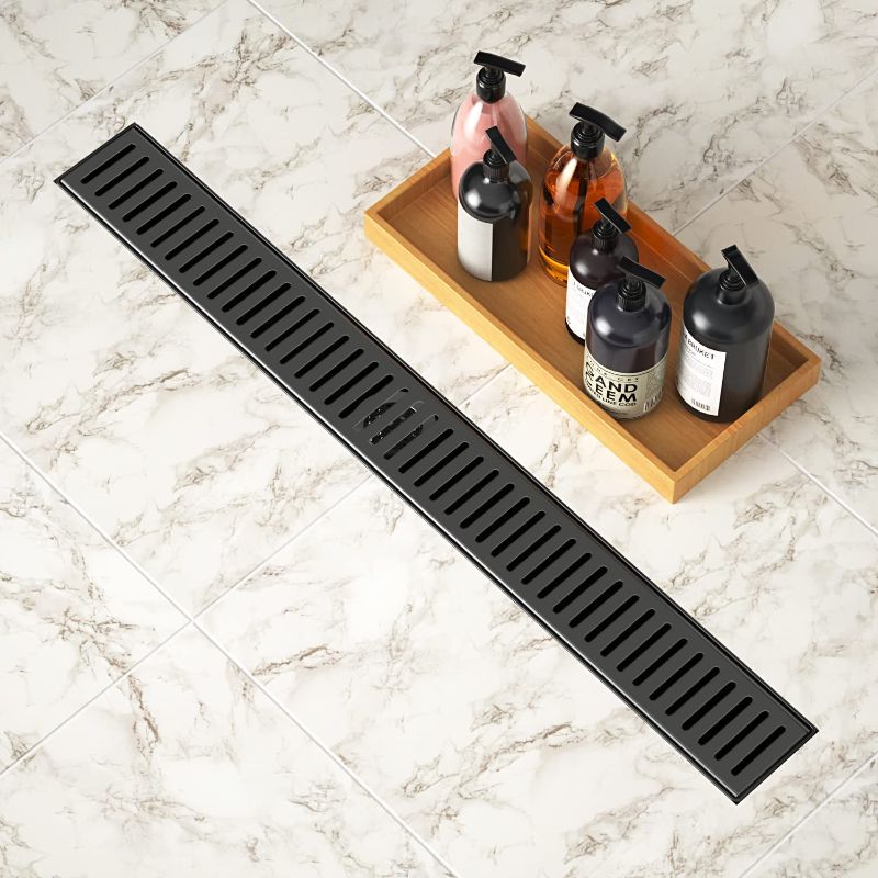 Photo 1 of 48 Inch Linear Shower Drain Matte Black, Rectangular Floor Drain with Removable Pattern Grate Cover, Brushed 304 Stainless Steel Shower Drain Including Adjustable Feet, Hair Strainer
