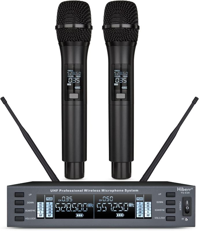 Photo 1 of Hiberr Vocal Wireless Microphone, Dual Channel UHF Wireless Mic 2x60 Adjustable Frequencies, 300Ft Range, for Singing, Small Concerts, DJ Performances(YU-E20H)
