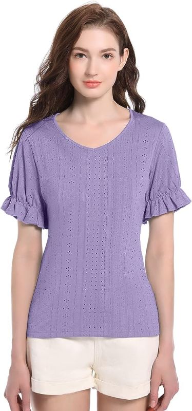 Photo 1 of jstarloves Women's Puff Sleeve V-Neck T-Shirt - Stylish and Comfortable Summer Casual Wear for Any Occasion - Medium 
