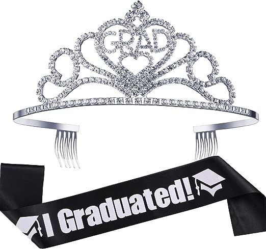 Photo 1 of 2023 Graduation Party Supplies Kits, Glittered Metal Graduation Princess Grad Crown Tiara and Graduated Sash Present for Graduation Party Decorations Grad Decor Favors (Black)
