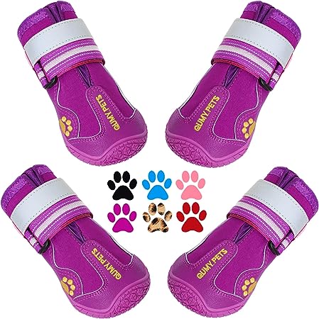 Photo 1 of QUMY Dog Shoes for Large Dogs, Medium Dog Boots & Paw Protectors for Winter Snowy Day, Summer Hot Pavement, Waterproof in Rainy Weather, Outdoor Walking, Indoor Hardfloors Anti Slip Sole Purple Size 4 (4 PCS)