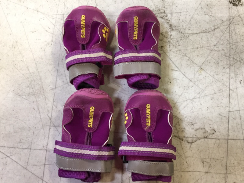 Photo 2 of QUMY Dog Shoes for Large Dogs, Medium Dog Boots & Paw Protectors for Winter Snowy Day, Summer Hot Pavement, Waterproof in Rainy Weather, Outdoor Walking, Indoor Hardfloors Anti Slip Sole Purple Size 4 (4 PCS)