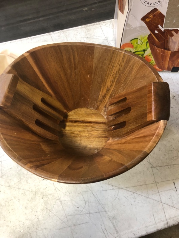 Photo 4 of Wooden salad bowl set with serving forks mixing - magnetic serving utensils attached to large acacia wood bowl for 6-8 helpings - unique wood bowl - strong and leak proof with fabric bag