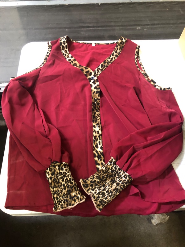 Photo 1 of COLD SHOULDER WOMENS BLOUSE BURGUNDY/ANIMAL PRINT  LARGE